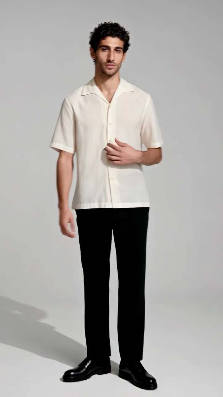 A male model in a Sandro outfit in a minimal studio